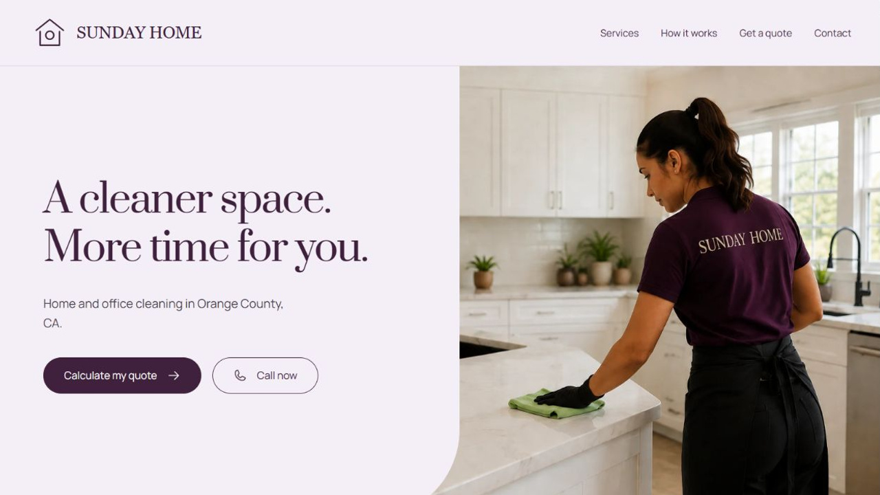 SUNDAY HOME cleaning website preview with quote calculator and call buttons