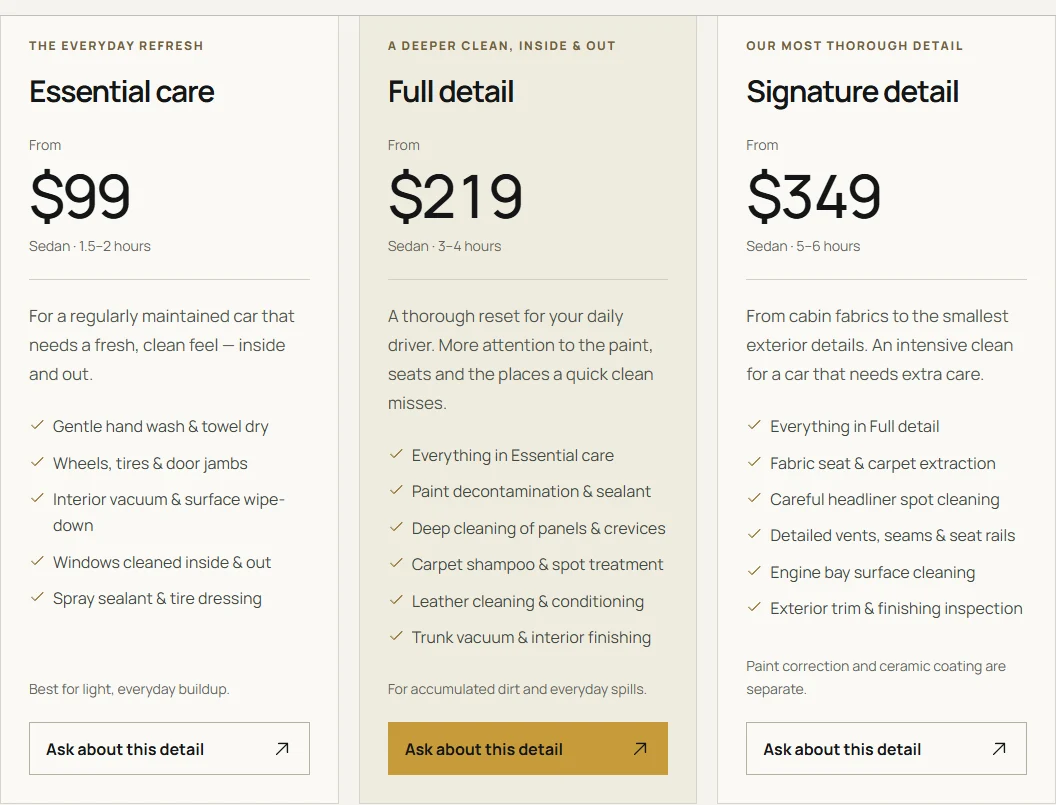 Detail Studio website showing service packages and prices