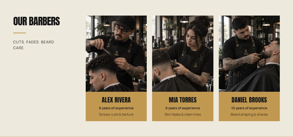 WESTCUT website showing barber profiles