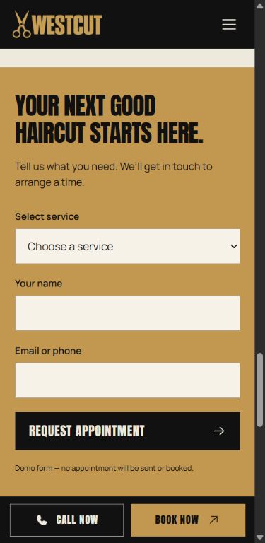 WESTCUT mobile appointment request form with service, name, contact and demo-only notice