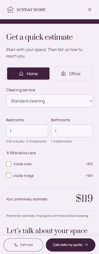SUNDAY HOME mobile calculator with cleaning service, bedrooms, bathrooms, optional extras and a preliminary $119 estimate