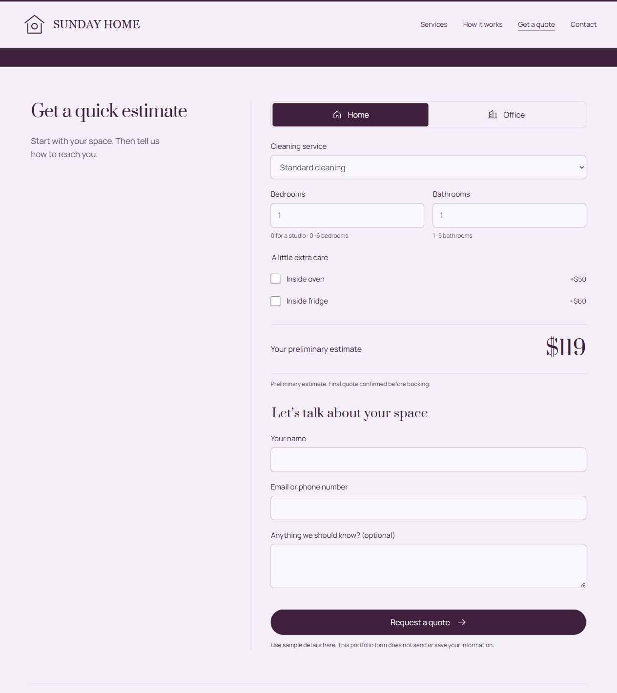 SUNDAY HOME website showing its cleaning cost calculator