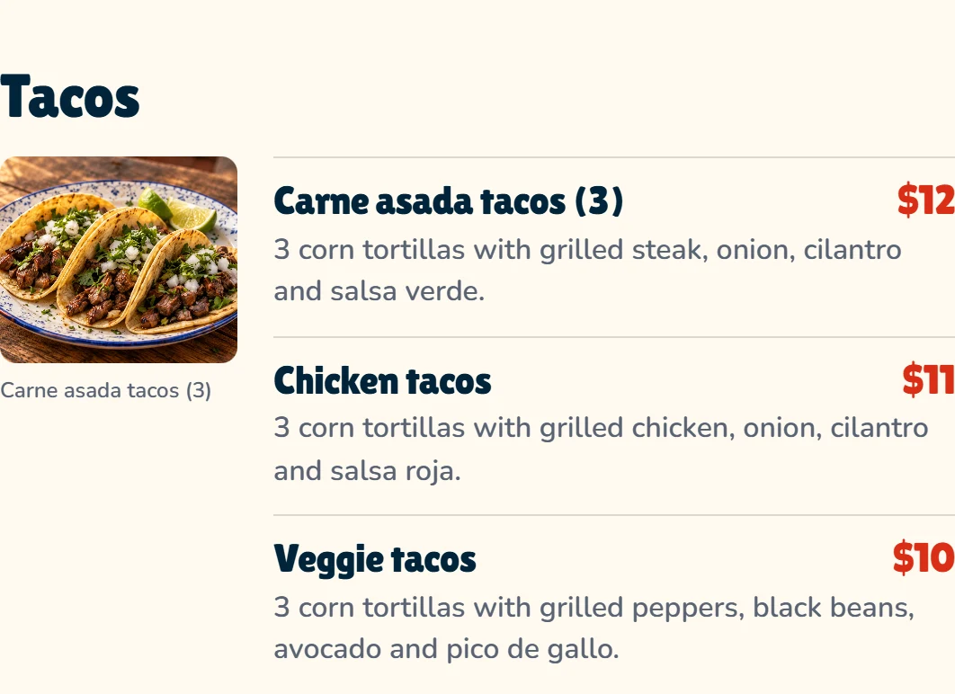 TACO LUMA tacos menu with a dish photo, portions and sample prices