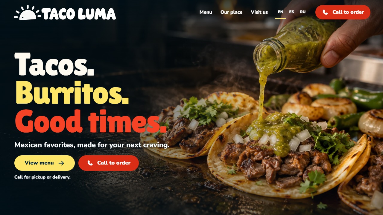 TACO LUMA Orlando Mexican restaurant website with tacos, menu and phone ordering