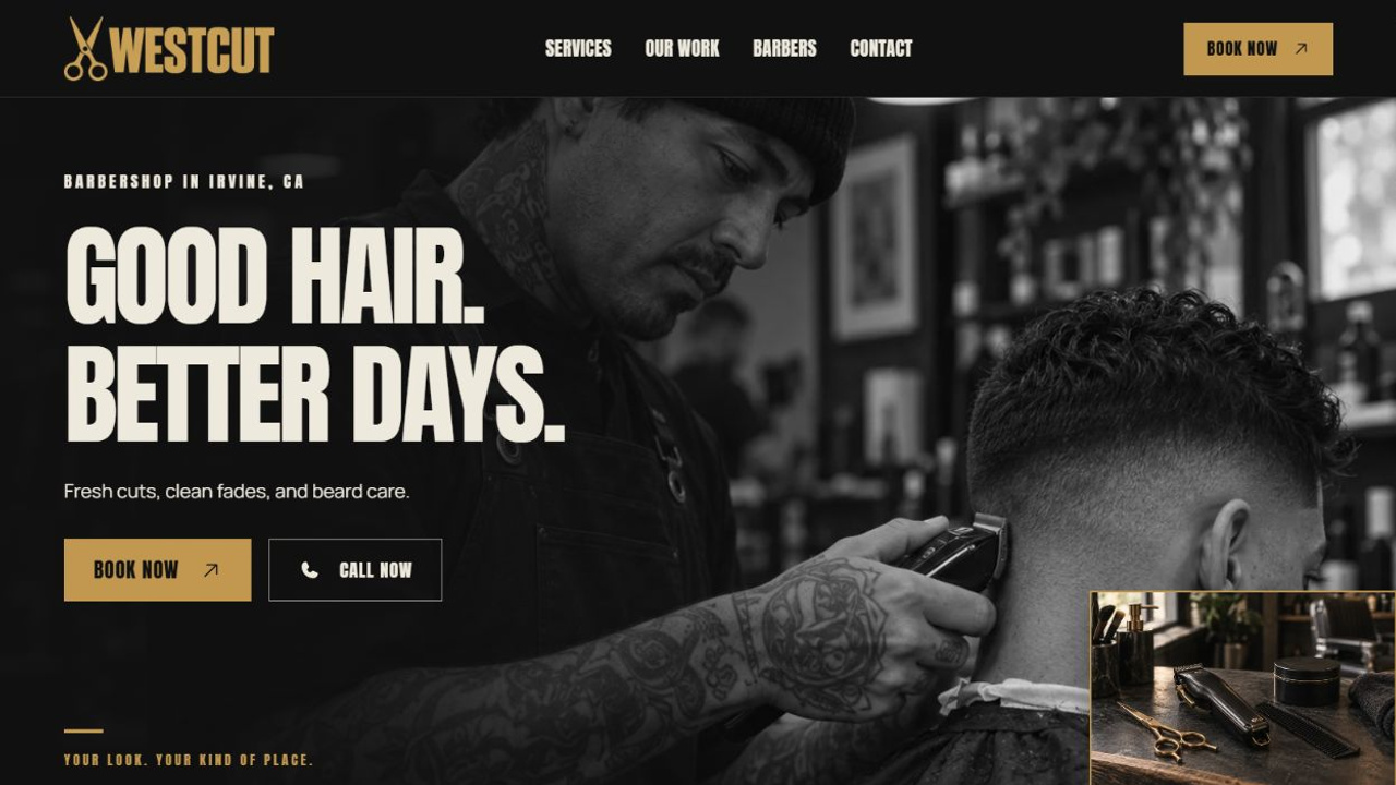 WESTCUT Irvine barbershop website preview with booking and call buttons